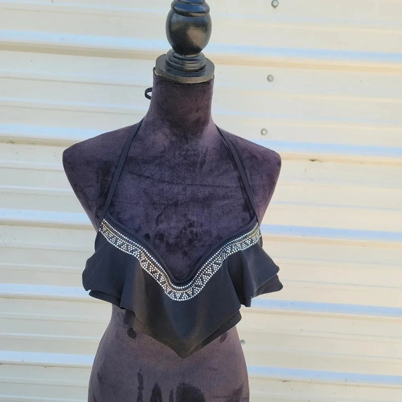 PINK by Victoria Secret Bikini Swim Top Black Studded Padded Draped Top Size XS - Picture 1 of 10